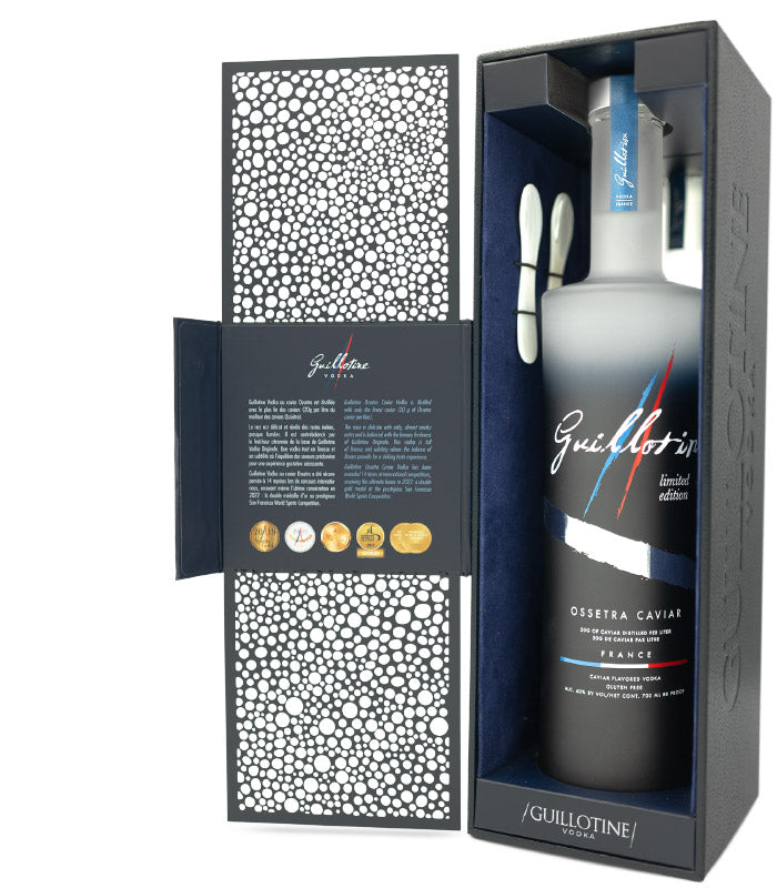 Vodka Guillotine au caviar Ossetra 40%, en coffret caviar avec des cuillères en nacre