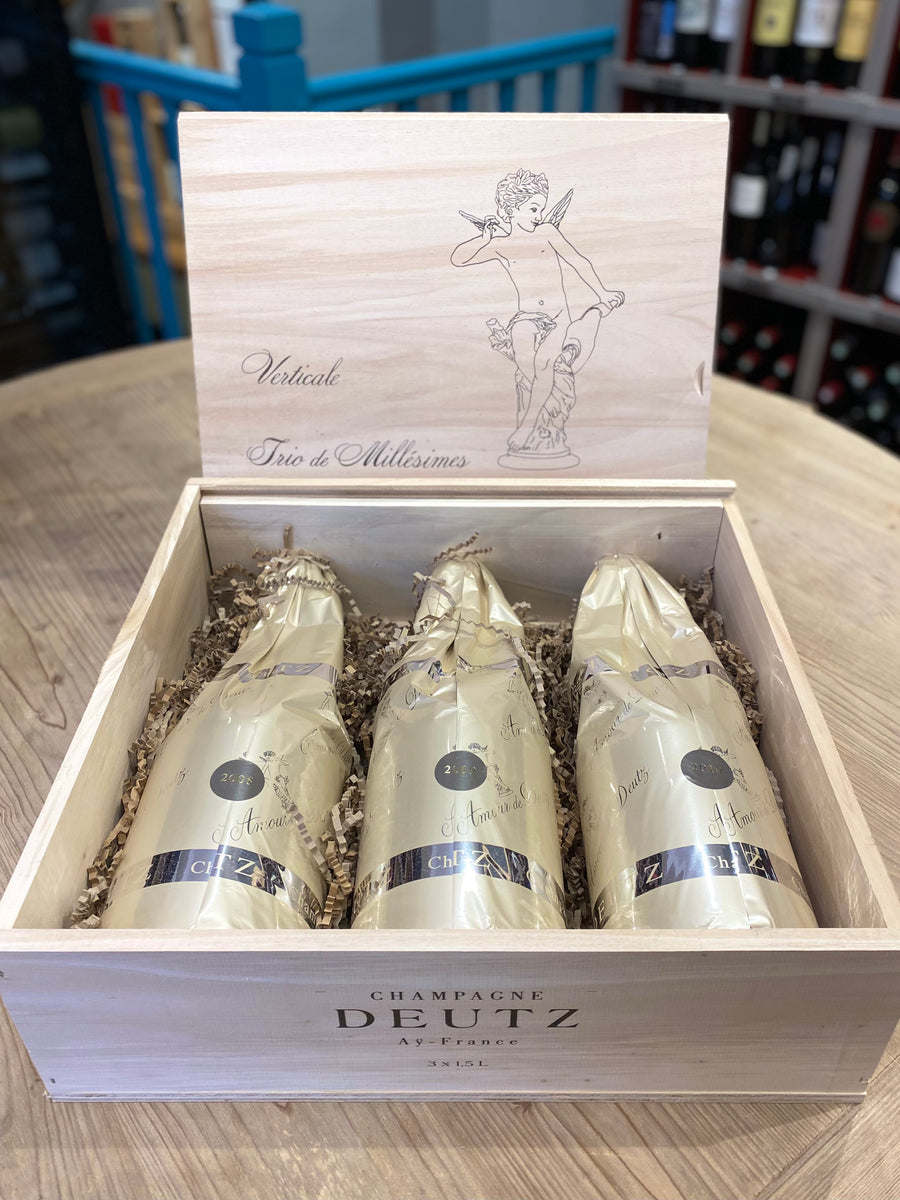 Champagne Deutz caisse bois: Verticale, Trio de Millésimes - Amour de Deutz 2008, 2009, 2010 et 2010, 150 cl